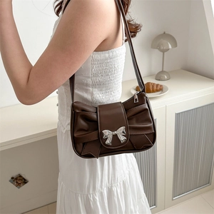 French style brown bow pleated shoulder bag in soft PU leather for women