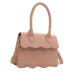 Pink matte leather crossbody bag with wave-edge flap and top handle for women