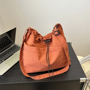 Large Capacity Nylon Drawstring Bucket Bag For Women Trendy Casual Crossbody Shoulder Bag With Stitching Plush Pendant