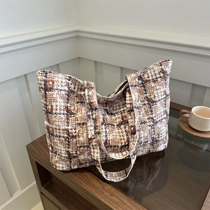 Women Large Capacity Nylon Tote Bag Plaid Tweed Texture Shoulder Bag Retro Chic Casual Underarm Commute Handbag For Work