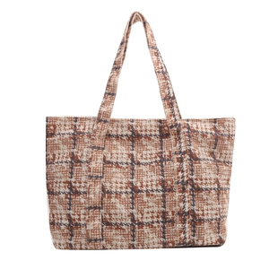 Large retro houndstooth tote bag with brown straps for women's daily commute