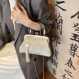 Elegant Chinese vintage silk embroidery handbag with floral patterns and pearl tassel