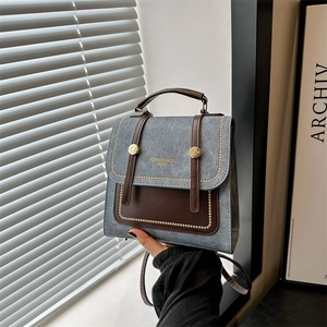 Vintage Women PU Leather Backpack Contrast Color Patchwork College Style Handbag Large Capacity Retro Commuter Shoulder Bag