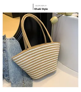 Détail du sac fourre-tout tissé à rayures kaki avec texture naturelle et fines lanières