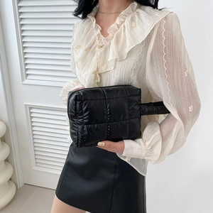 Chic black quilted nylon handbag with puffer square stitch for stylish women's commuting