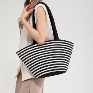 Grand sac cabas rayé en paille tissée avec anses noires pour la plage et le bureau