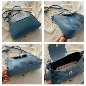 Detailed views of blue bow lock shoulder bag showing interior, front and back features