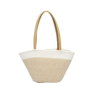 Grand sac cabas en paille tissée à rayures bicolores avec design spacieux pour la plage