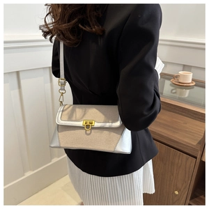 Detail of French baguette bag featuring beige woven fabric and silver leather trim accents