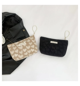 Detail of canvas heart-textured makeup bags in khaki and black with pearl handles