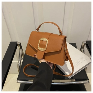 Close-up of brown litchi pattern leather texture and square gold buckle on small handbag
