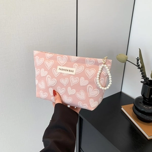 Canvas Heart Pattern Makeup Bag Artificial Pearl Handle Fashion Sweet Clutch Handbag For Women