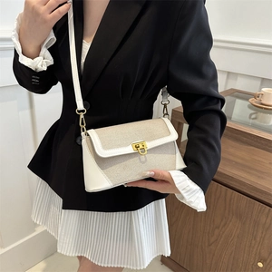 French vintage canvas and white leather shoulder bag with gold clasp shown on model