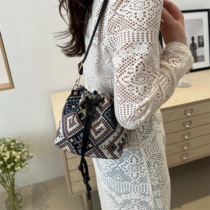 Ethnic style nylon drawstring bucket bag with geometric patterns for stylish women
