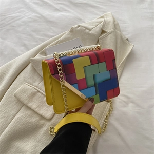 Women's Fashion PU Shoulder Bag Geometric Block Patchwork Crossbody Bag With Gold Chain Strap Small Square Bag