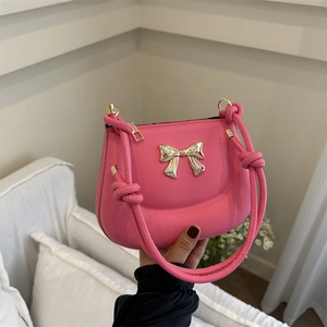 Women PU Leather Shoulder Bag With Gold Bowknot And Knot Strap Design Solid Color Small Underarm Bag For Daily Use