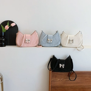 Chic crescent hobo bags with metallic bow detail in pink, blue, cream, and black