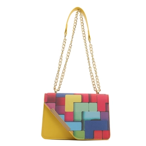 Fashionable 2024 yellow crossbody bag with colorful Tetris-inspired geometric patterns