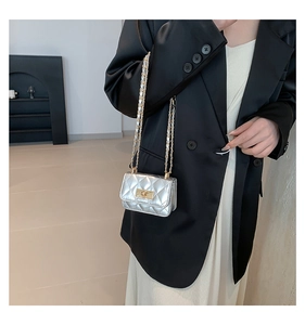 Close-up of silver quilted crossbody bag with gold chain and twist lock on a model