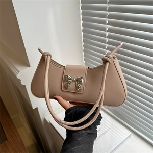Women French Retro PU Leather Baguette Bag Metal Bow Decorative Underarm Bag Large Capacity Shoulder Crossbody Bag