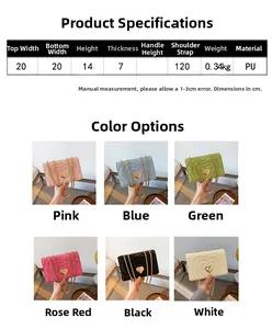 Size chart and color display of quilted heart chain bags in pink blue green and black