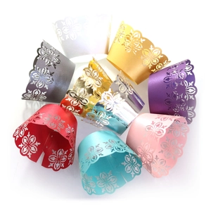Laser cut lace cupcake wrappers in multiple colors with elegant floral hollow patterns
