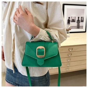 Litchi texture green leather mini crossbody bag with gold buckle on shoulder strap