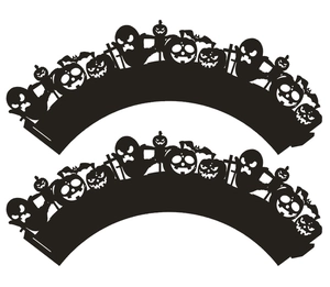 Detail of Halloween cupcake wrappers with black laser cut pumpkin and ghost silhouettes