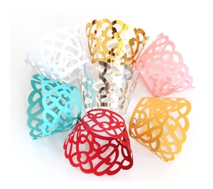 Lace laser-cut cupcake wrappers in multiple metallic colors and pearl paper finishes