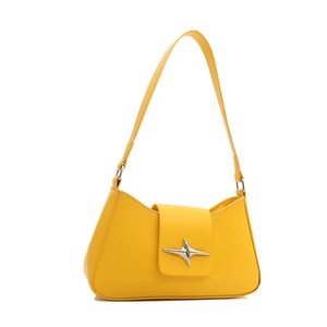 Minimalist bright yellow faux leather underarm bag with silver star hardware on white background