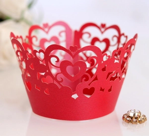 Red laser cut heart pattern cupcake wrappers for wedding and party decorations
