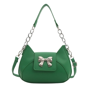 Borsa a spalla in pelle PU verde alla moda con elegante fiocco in metallo argento