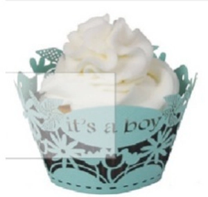 Laser cut light blue cupcake wrapper with flower patterns and it's a boy text