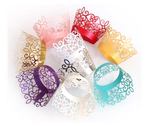 European laser cut lace cupcake wrappers with vine and heart patterns in 8 assorted colors