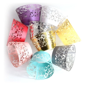 Laser cut vine pattern cupcake wrappers in multiple metallic colors for party decor