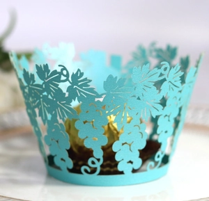 Laser cut lake blue cupcake wrappers with grape vine design for chocolate decoration