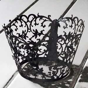 Elegant black lace hollow cupcake wrappers with vintage floral vine laser cut design