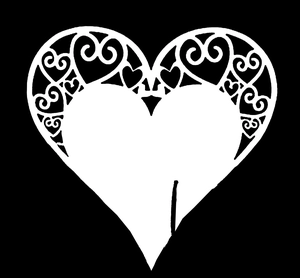 Laser-cut white heart wine glass cards with intricate scroll patterns for wedding decor