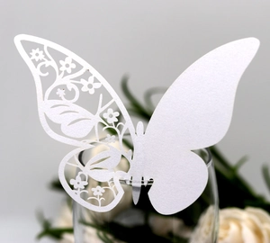 Detailed laser-cut white butterfly paper card place card for wine glass decoration