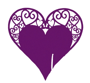 Laser-cut heart-shaped paper place card in deep purple for wedding and party decorations