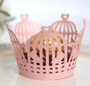Pink laser-cut birdcage cupcake liners with heart hollow design for wedding party decor