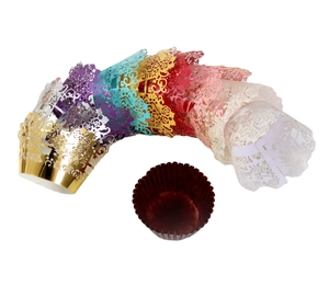 Intricate laser-cut rose hollow cupcake wrappers in vibrant multi-color set with paper liner