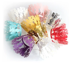 Laser cut vine and grape pattern cupcake wrappers in assorted pearlescent colors