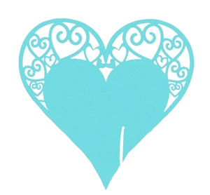 Detail of teal laser-cut heart-shaped wine glass card with intricate floral lace pattern