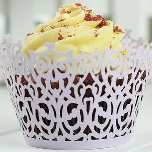 Elegant laser cut heart pattern cupcake wrappers in light purple for wedding decor