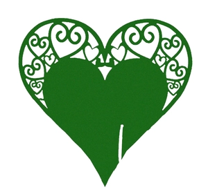 Detailed laser-cut heart paper place card in dark green with intricate scrollwork patterns