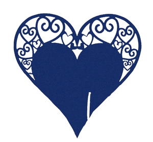 Laser-cut heart-shaped paper place card for wedding wine glasses in navy blue finish