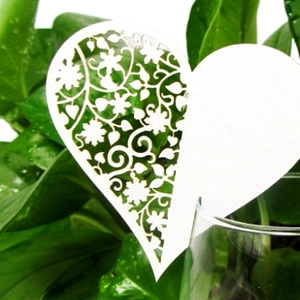 Heart Shaped Laser Cut Place Cards Pearlescent Paper Wine Glass Cards Wedding Banquet Party Decor Romantic Floral Hollow Cards