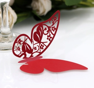 Detailed laser-cut red butterfly paper wine glass card for wedding and party decoration