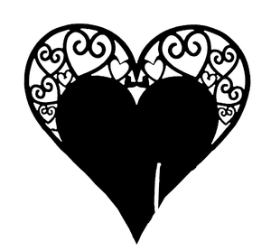 Laser-cut heart-shaped wedding place card with intricate black filigree scrollwork pattern